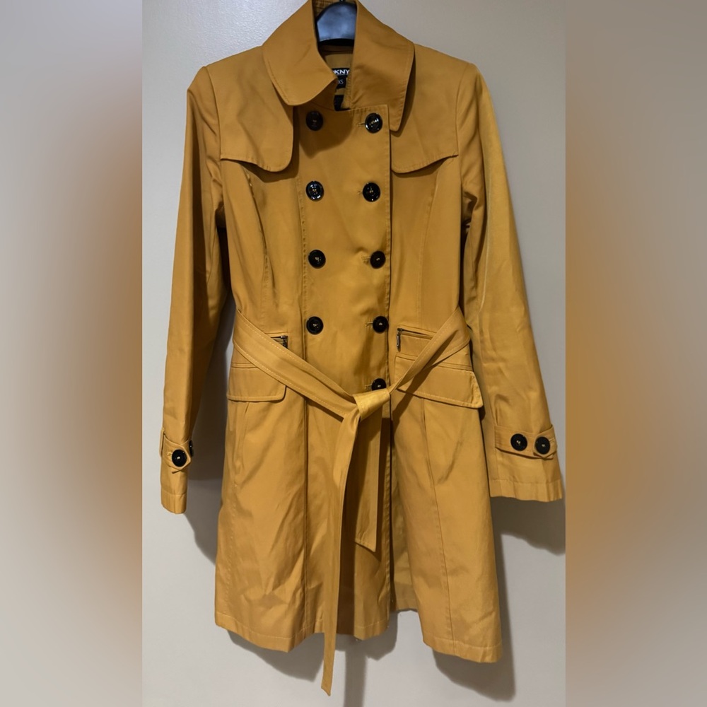 DKNY Mustard Double-Breasted Trench Coat with Waist Tie